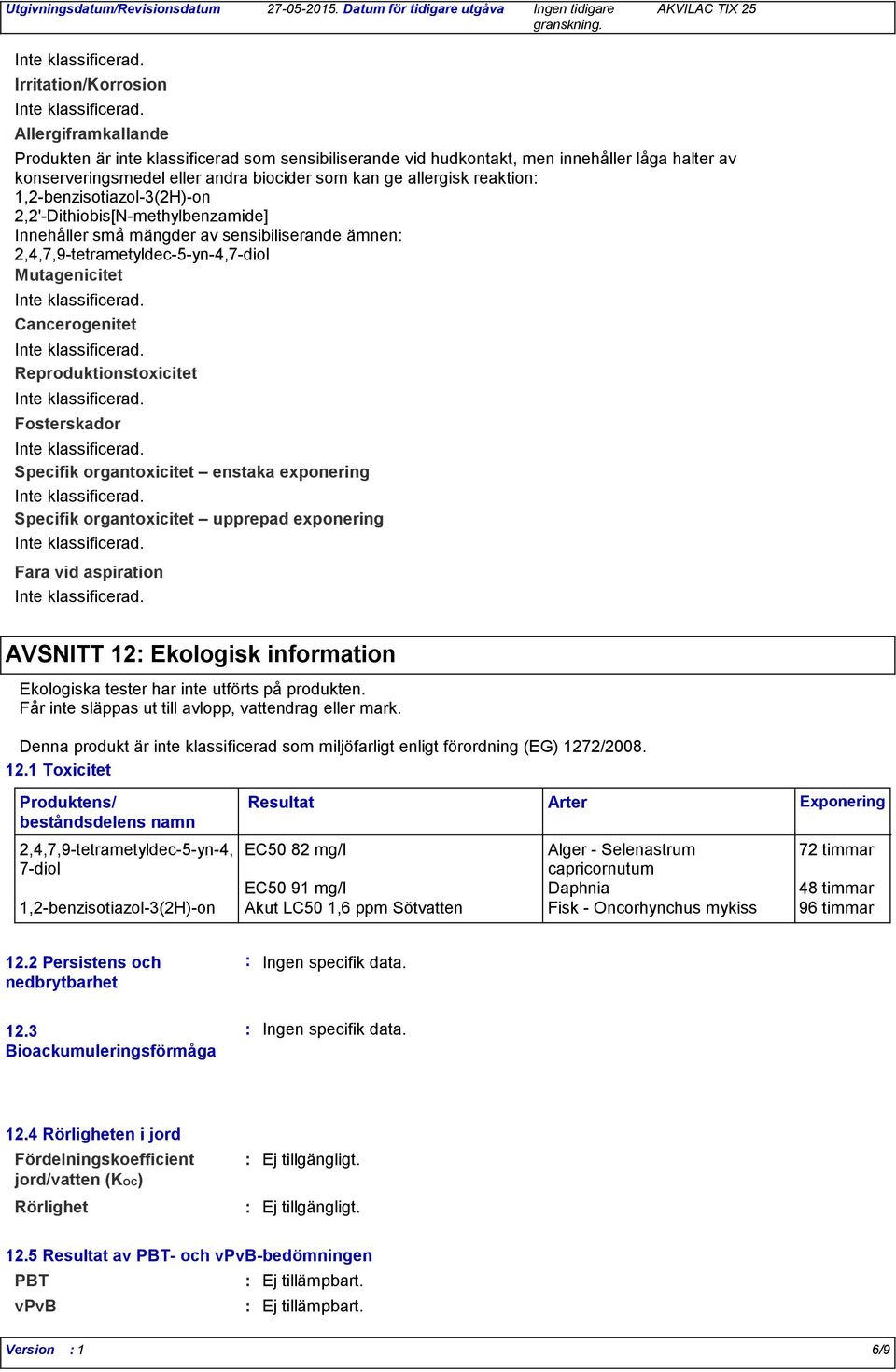 biocider som kan ge allergisk reaktion 1,2benzisotiazol3(2H)on 2,2'Dithiobis[Nmethylbenzamide] Innehåller små mängder av sensibiliserande ämnen 2,4,7,9tetrametyldec5yn4,7diol Mutagenicitet