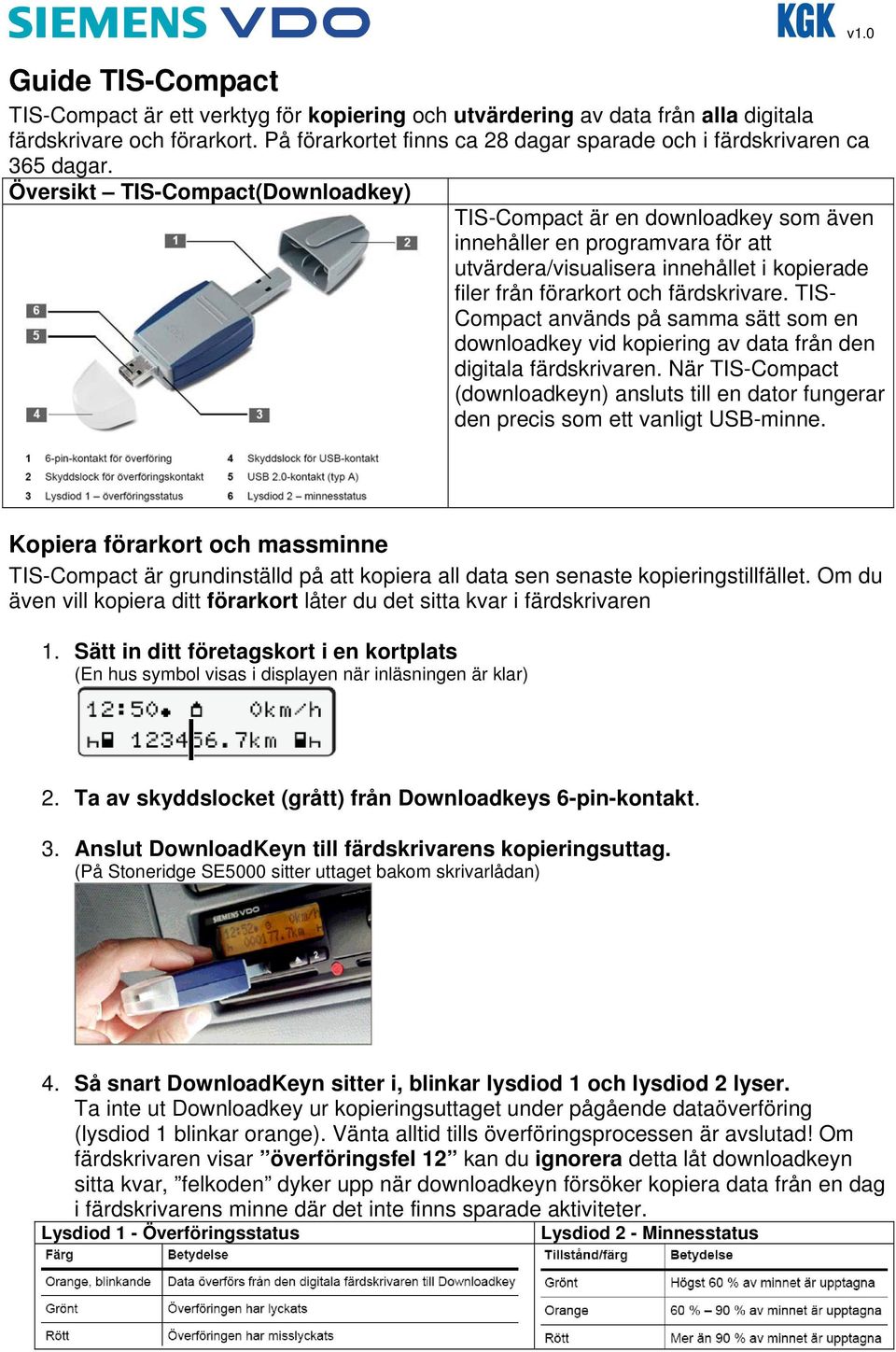 Översikt TIS-Compact(Downloadkey) TIS-Compact är en downloadkey som även innehåller en programvara för att utvärdera/visualisera innehållet i kopierade filer från förarkort och färdskrivare.