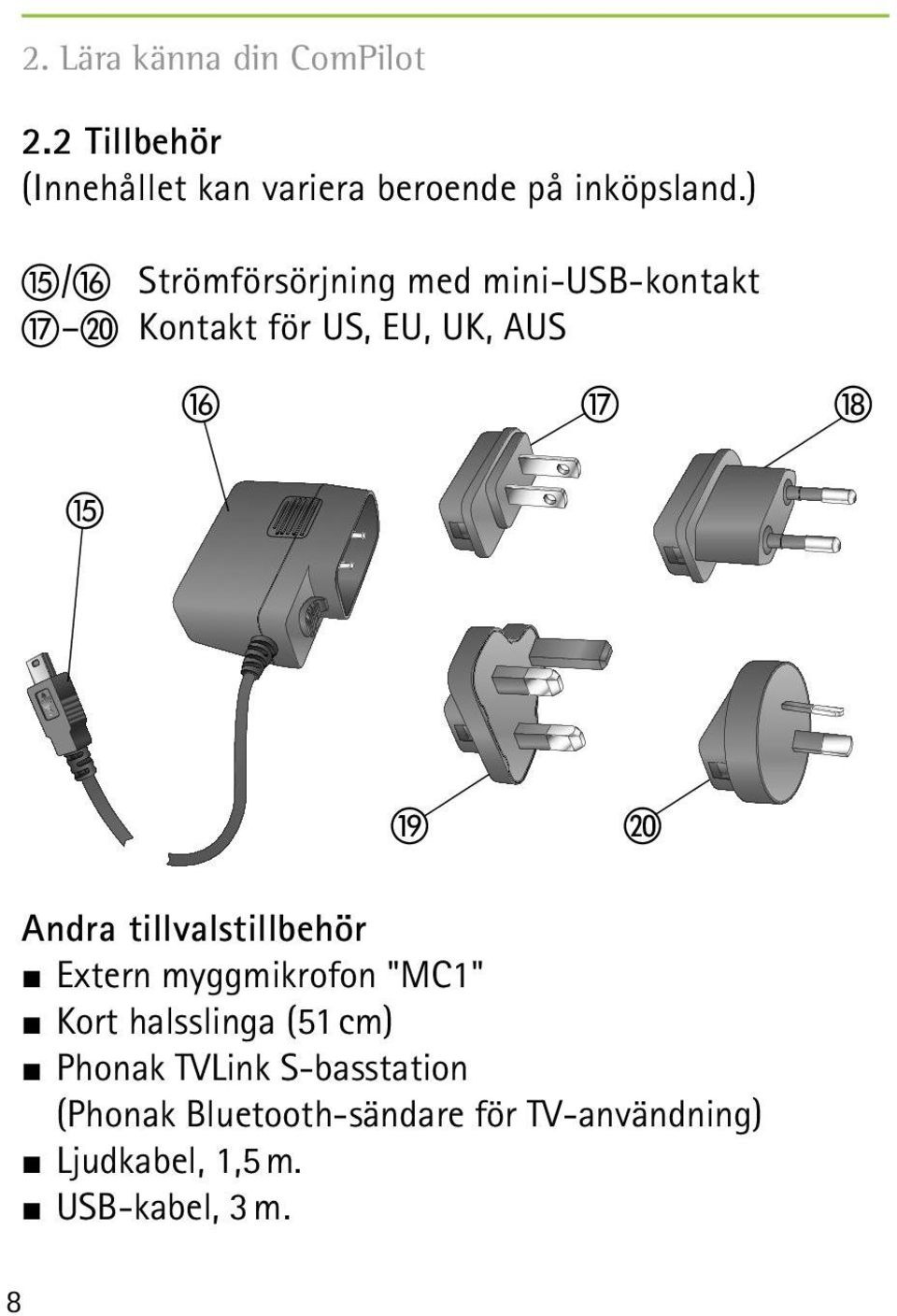 Andra tillvalstillbehör J Extern myggmikrofon "MC1" J Kort halsslinga (51 cm) J Phonak