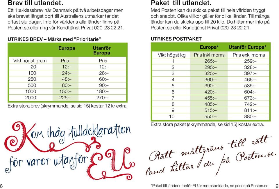 UTRIKES BREV Märks med Prioritarie Europa Utanför Europa Vikt högst gram Pris Pris 20 12: 12: 100 24: 28: 250 48: 60: 500 80: 90: 1000 150: 180: 2000 225: 270: Extra stora brev (skrymmande, se sid