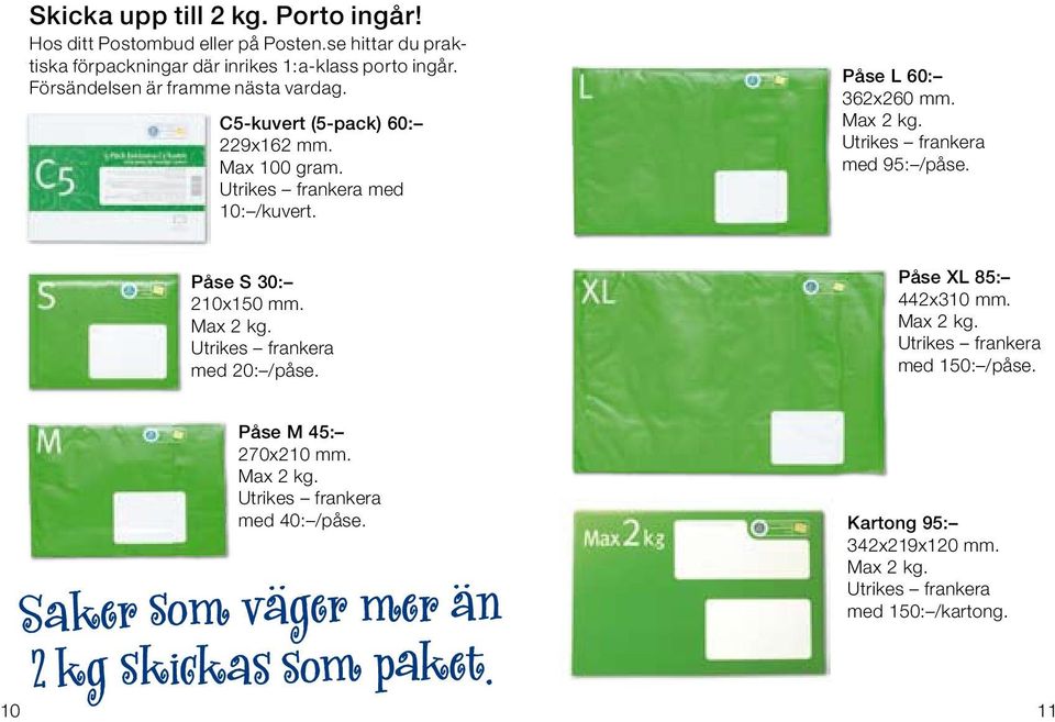 C5-kuvert (5-pack) 60: 229x162 mm. Max 100 gram. med 10: /kuvert. Påse L 60: 362x260 mm. med 95: /påse.