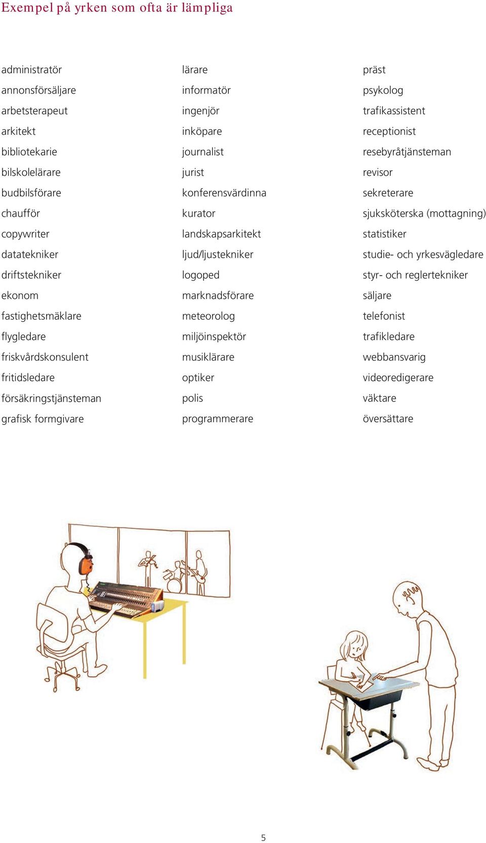 kurator landskapsarkitekt ljud/ljustekniker logoped marknadsförare meteorolog miljöinspektör musiklärare optiker polis programmerare präst psykolog trafikassistent receptionist