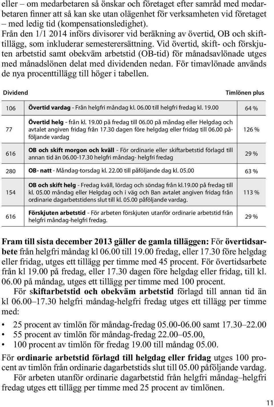 Vid övertid, skift- och förskjuten arbetstid samt obekväm arbetstid (OB-tid) för månadsavlönade utges med månadslönen delat med dividenden nedan.