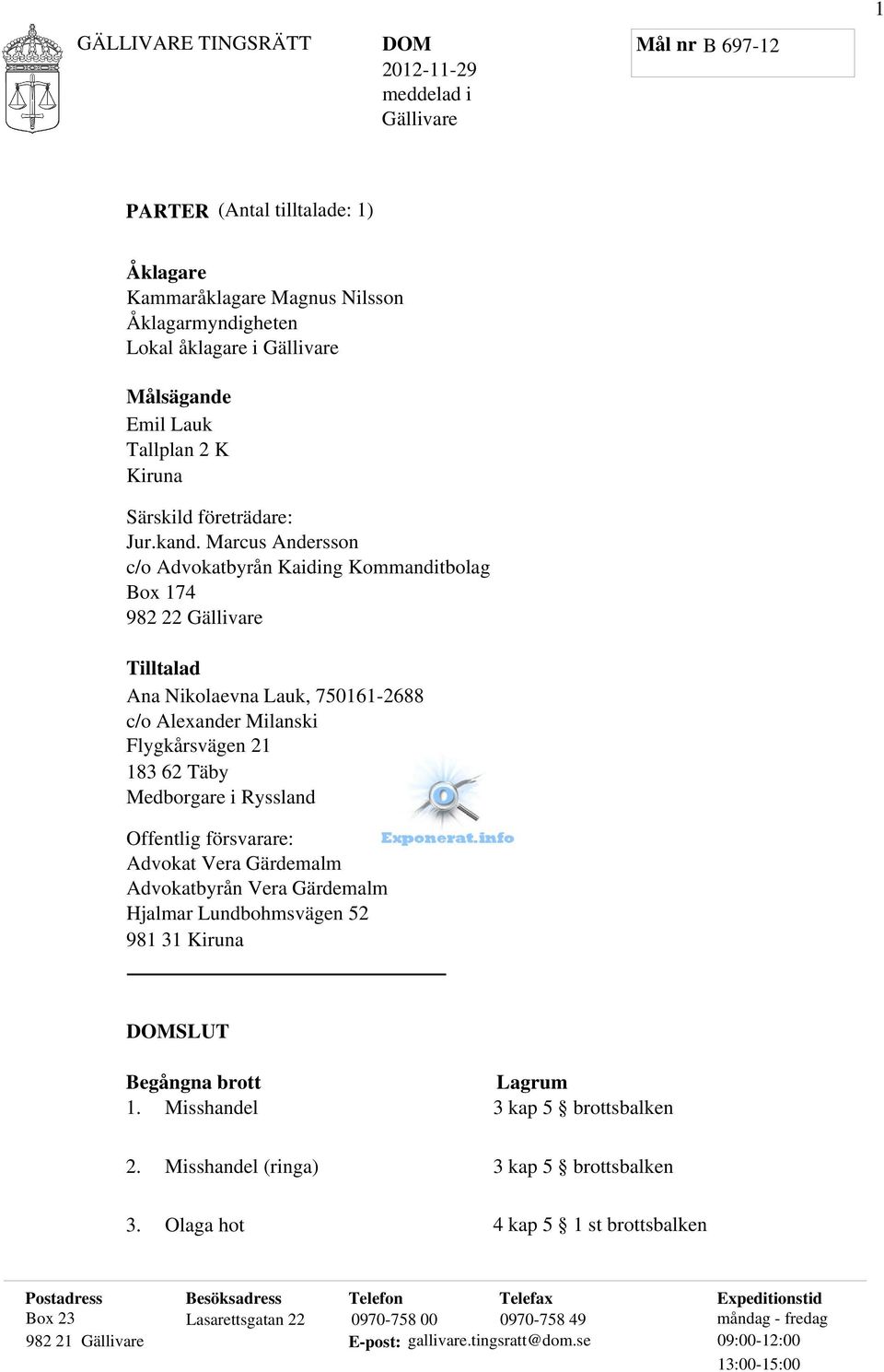 Marcus Andersson c/o Advokatbyrån Kaiding Kommanditbolag Box 174 982 22 Gällivare Tilltalad Ana Nikolaevna Lauk, 750161-2688 c/o Alexander Milanski Flygkårsvägen 21 183 62 Täby Medborgare i Ryssland