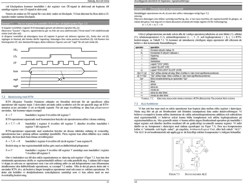 1 Visa hur kopiering av innehållet i R till A sker i ett digitalt system (Figur 7.2) Vi kopplar innehållet i register R till datavägen genom att aktivera signalen OE R.