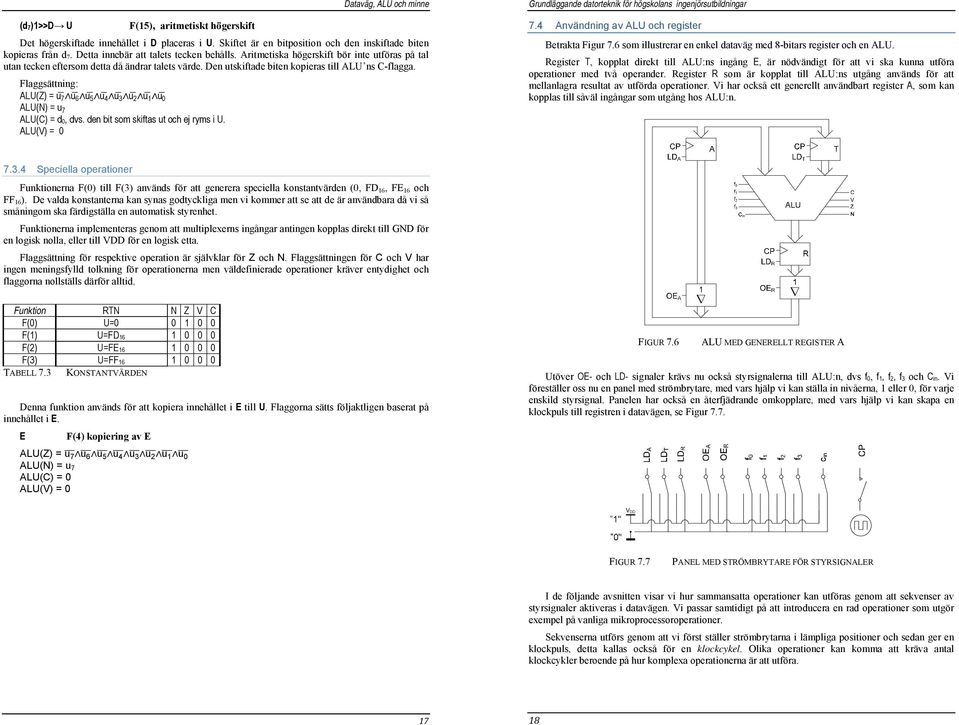 Flaggsättning: ALU(Z) = u u 7 6 u u 5 4 u 3 u 2 u u 1 0 ALU(N) = u 7 ALU(C) = d 0, dvs. den bit som skiftas ut och ej ryms i U. ALU(V) = 0 7.4 Användning av ALU och register Betrakta Figur 7.