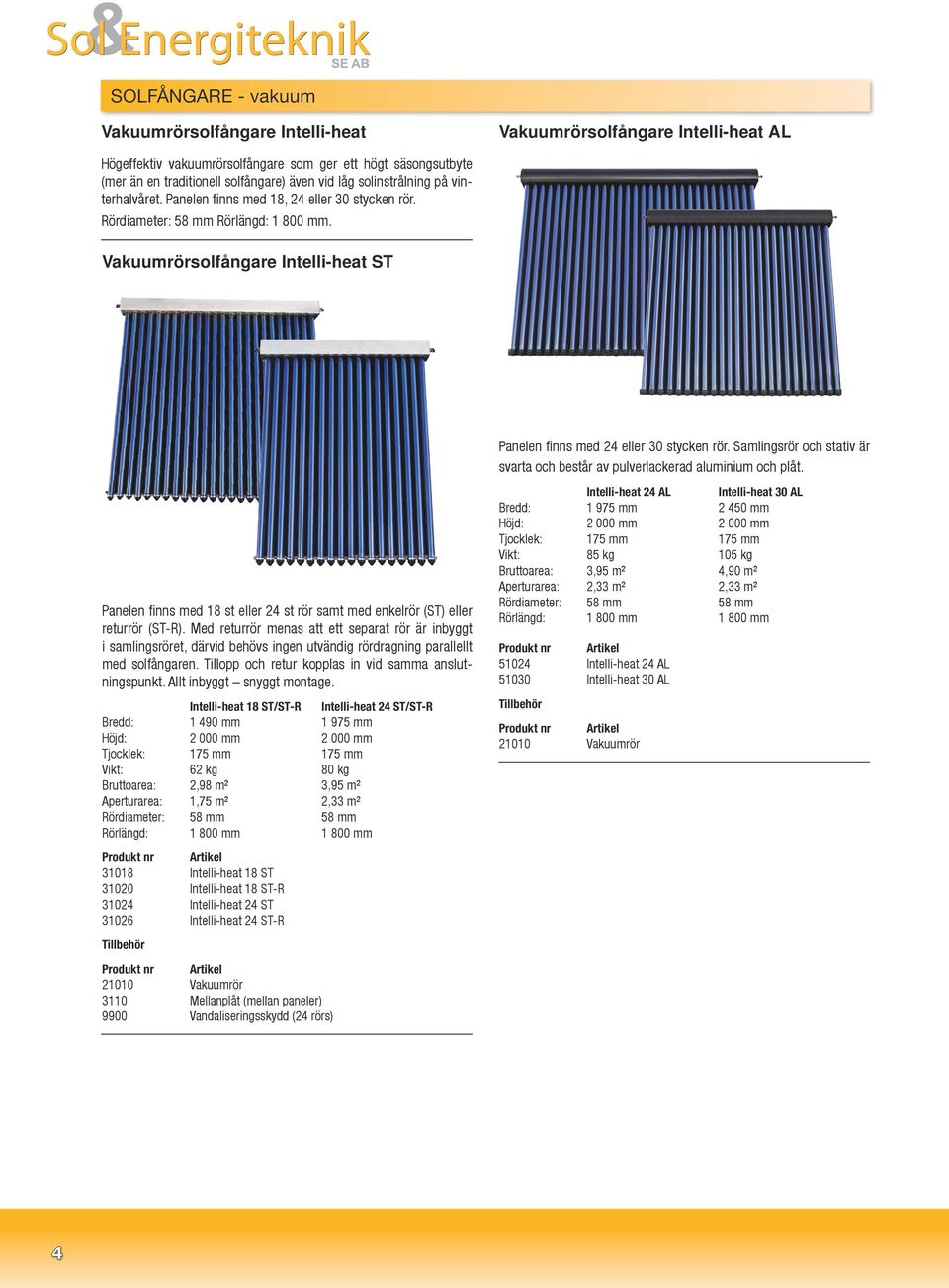 Vakuumrörsolfångare Intelli-heat ST Panelen finns med 24 eller 30 stycken rör. Samlingsrör och stativ är svarta och består av pulverlackerad aluminium och plåt.