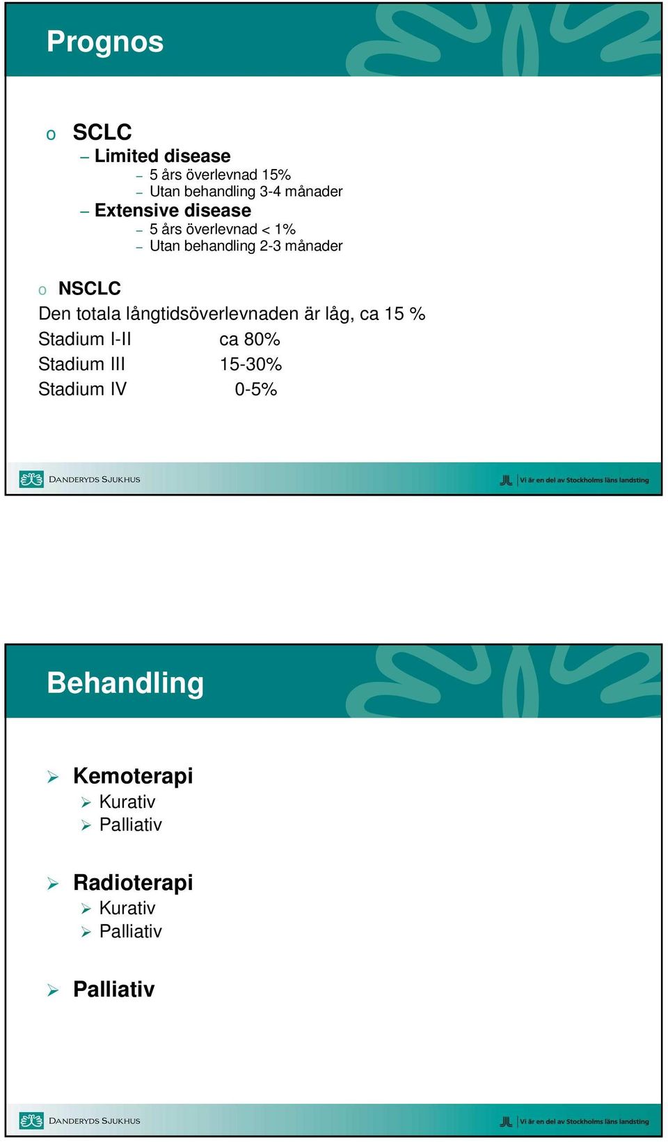 totala långtidsöverlevnaden är låg, ca 15 % Stadium I-II ca 80% Stadium III 15-30%