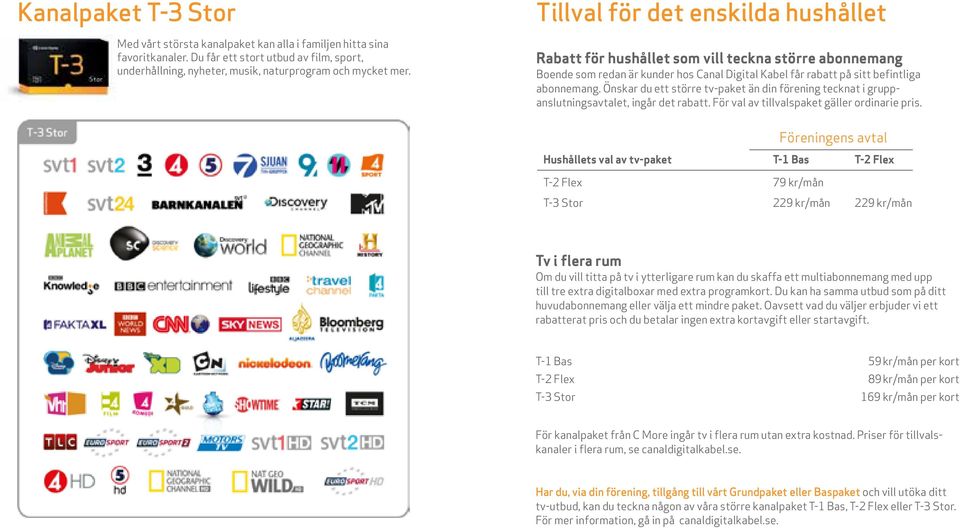 Önskar du ett större tv-paket än din förening tecknat i gruppanslutningsavtalet, ingår det rabatt. För val av tillvalspaket gäller ordinarie pris.