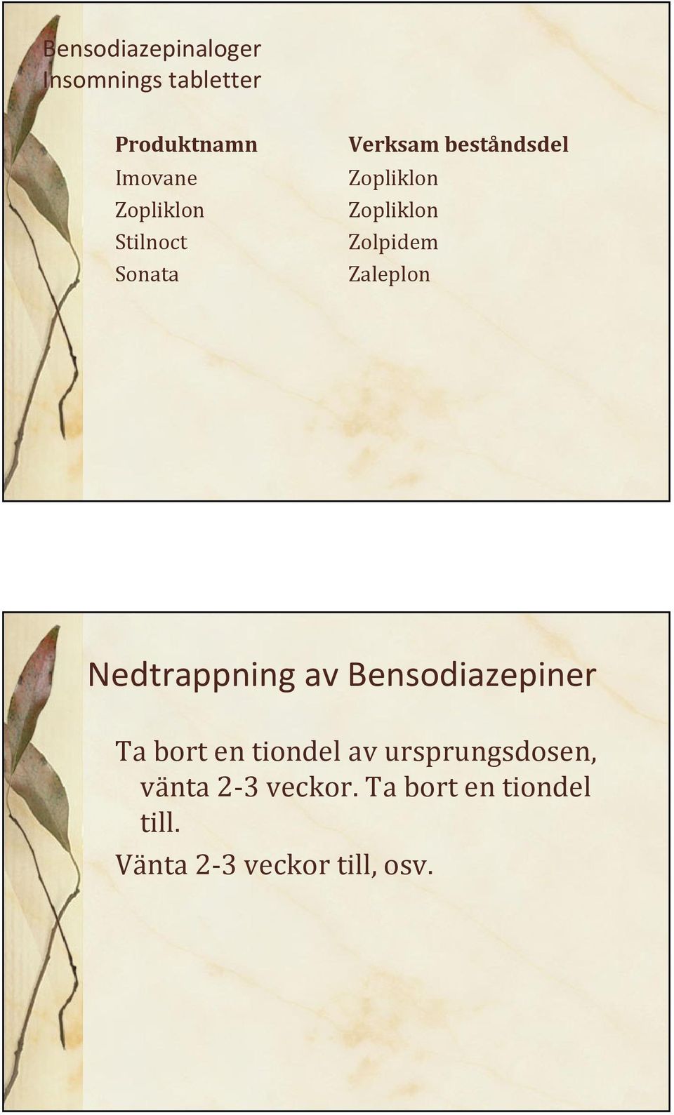 Zaleplon Nedtrappning av Bensodiazepiner Ta bort en tiondel av