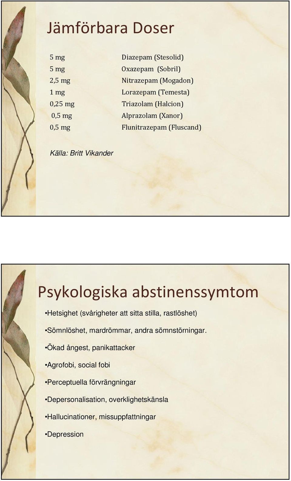 Hetsighet (svårigheter att sitta stilla, rastlöshet) Sömnlöshet, mardrömmar, andra sömnstörningar.