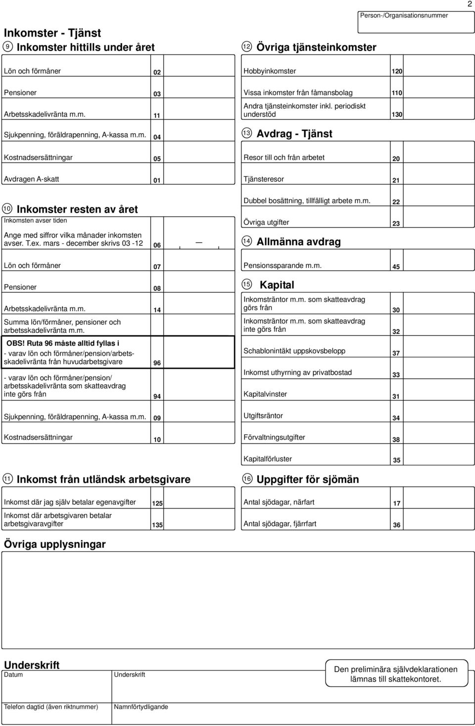 m. Andra tjänsteinkomster inkl. periodiskt understöd 30 Sjukpenning, föräldrapenning, A-kassa m.m. 04 3 Avdrag - Tjänst Kostnadsersättningar 05 Resor till och från arbetet 20 Avdragen A-skatt 0