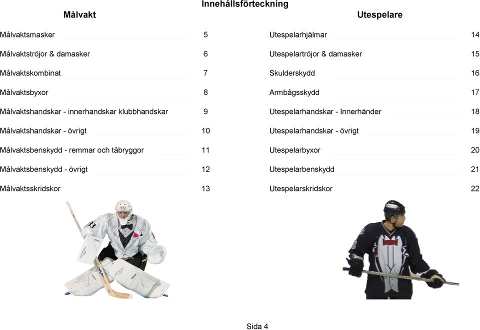 9 Utespelarhandskar - Innerhänder 18 Målvaktshandskar - övrigt 10 Utespelarhandskar - övrigt 19 Målvaktsbenskydd - remmar och