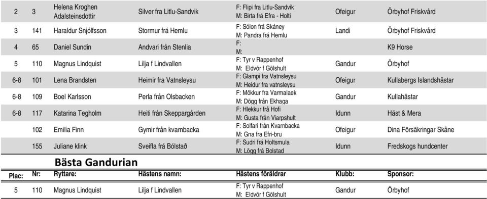 Bólstað Bästa ian Flipi fra Litlu-Sandvik Birta frá Efra - Holti Sólon frá Skáney Pandra frá Hemlu Tyr v Rappenhof Eldvör f Gölshult Glampi fra Vatnsleysu Heidur fra vatnsleysu Mökkur fra Varmalaek