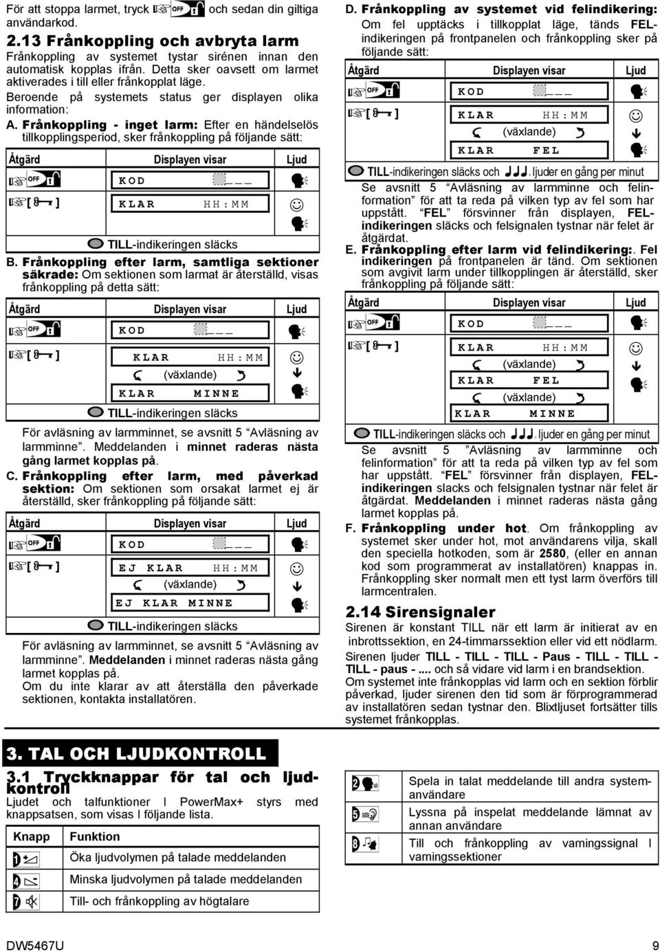 Frånkoppling - inget larm: Efter en händelselös tillkopplingsperiod, sker frånkoppling på följande sätt: KOD [] HH:MM TILL-indikeringen släcks B.