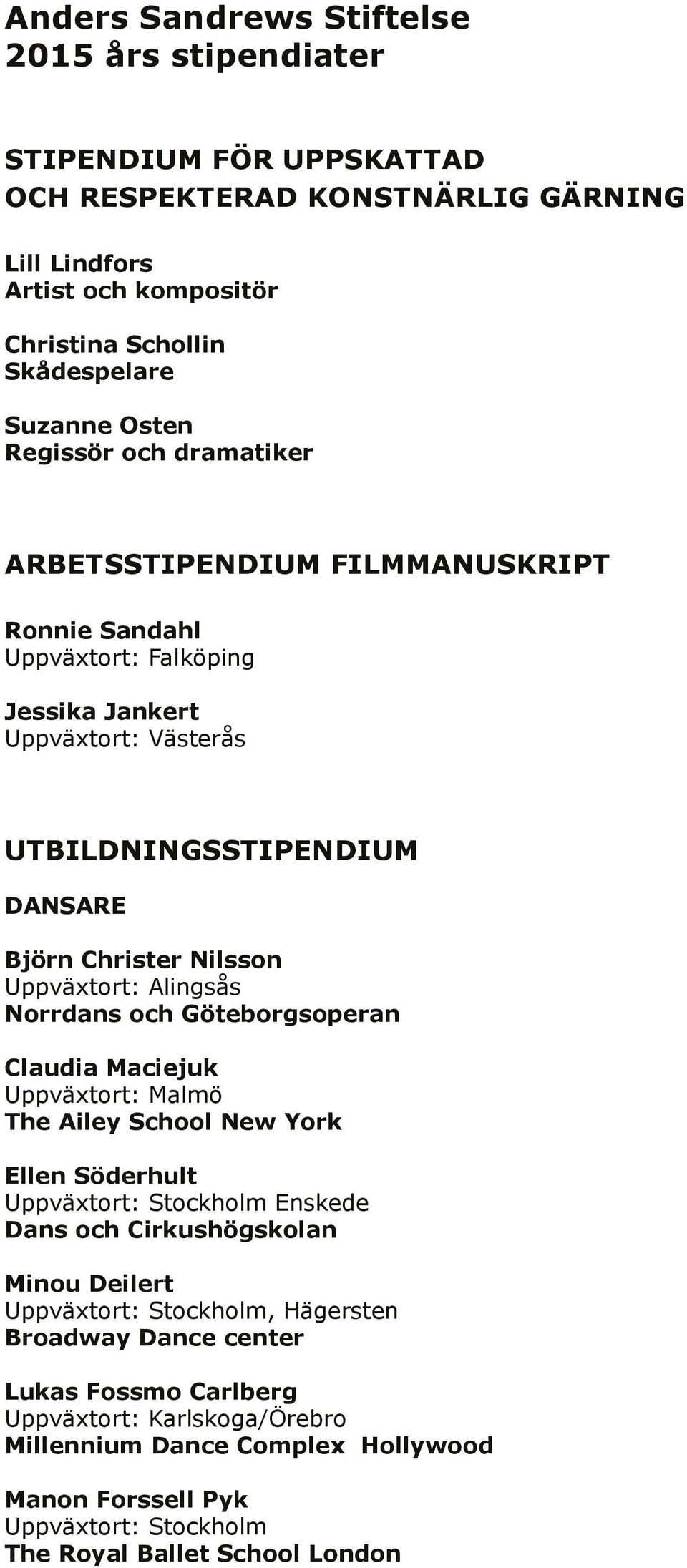 Christer Nilsson Uppväxtort: Alingsås Norrdans och Göteborgsoperan Claudia Maciejuk Uppväxtort: Malmö The Ailey School New York Ellen Söderhult Enskede Dans och Cirkushögskolan