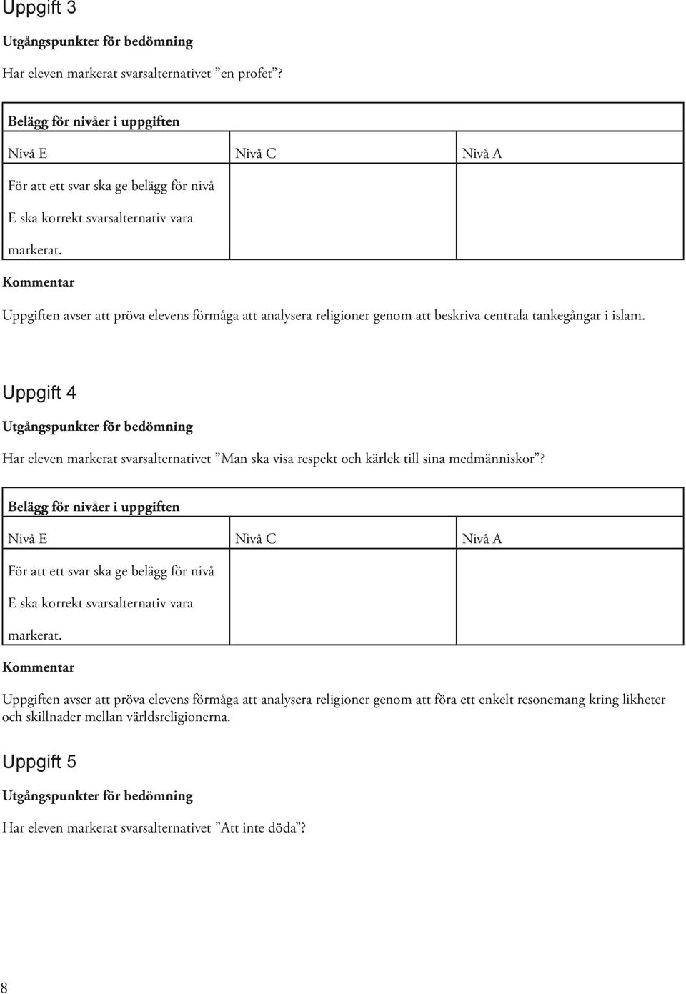 Uppgift 4 Har eleven markerat svarsalternativet Man ska visa respekt och kärlek till sina medmänniskor? E ska korrekt svarsalternativ vara markerat.