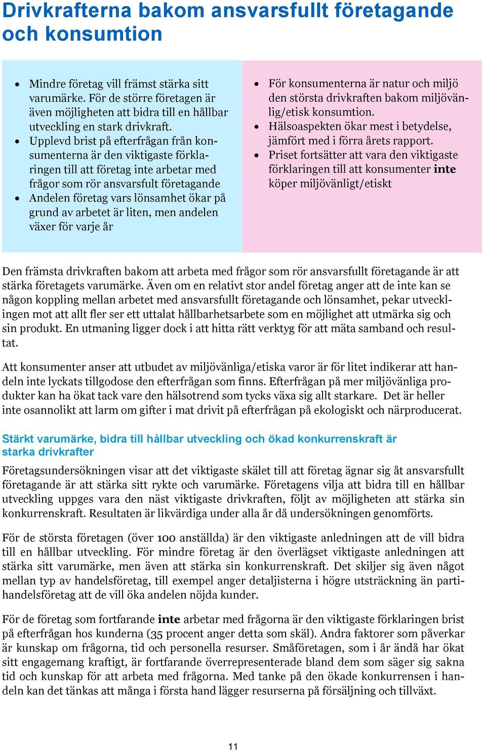 Upplevd brist på efterfrågan från konsumenterna är den viktigaste förklaringen till att företag inte arbetar med frågor som rör ansvarsfult företagande Andelen företag vars lönsamhet ökar på grund av