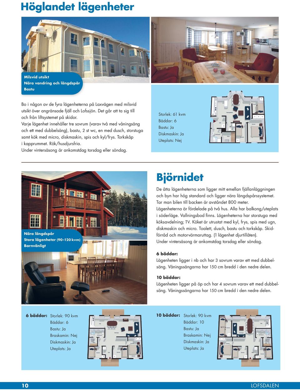 Varje lägenhet innehåller tre sovrum (varav två med våningsäng och ett med dubbelsäng), bastu, 2 st wc, en med dusch, storstuga samt kök med micro, diskmaskin, spis och kyl/frys.