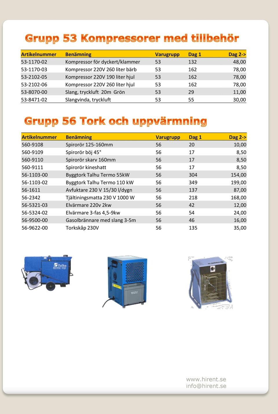 560-9110 Spirorör skarv 160mm 56 17 8,50 560-9111 Spirorör kineshatt 56 17 8,50 56-1103-00 Byggtork Talhu Termo 55kW 56 304 154,00 56-1103-02 Byggtork Talhu Termo 110 kw 56 349 199,00 56-1611