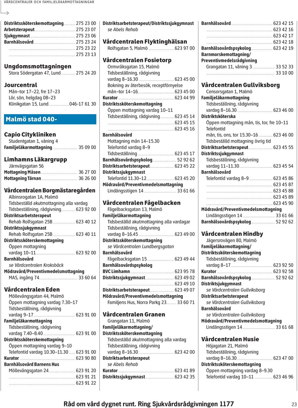 ............ 275 24 20 Mån tor 17 22, fre 17 23 Lör, sön, helgdag 08 23 Klinikgatan 15, Lund................... 046-17 61 30 Malmö stad 040- Capio Citykliniken Studentgatan 1, våning 4.