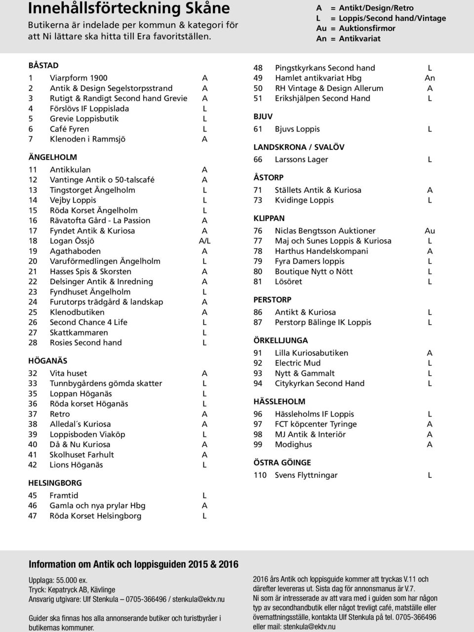 Förslövs IF Loppislada L 5 Grevie Loppisbutik L 6 Café Fyren L 7 Klenoden i Rammsjö A ÄNGELHOLM 11 Antikkulan A 12 Vantinge Antik o 50-talscafé A 13 Tingstorget Ängelholm L 14 Vejby Loppis L 15 Röda