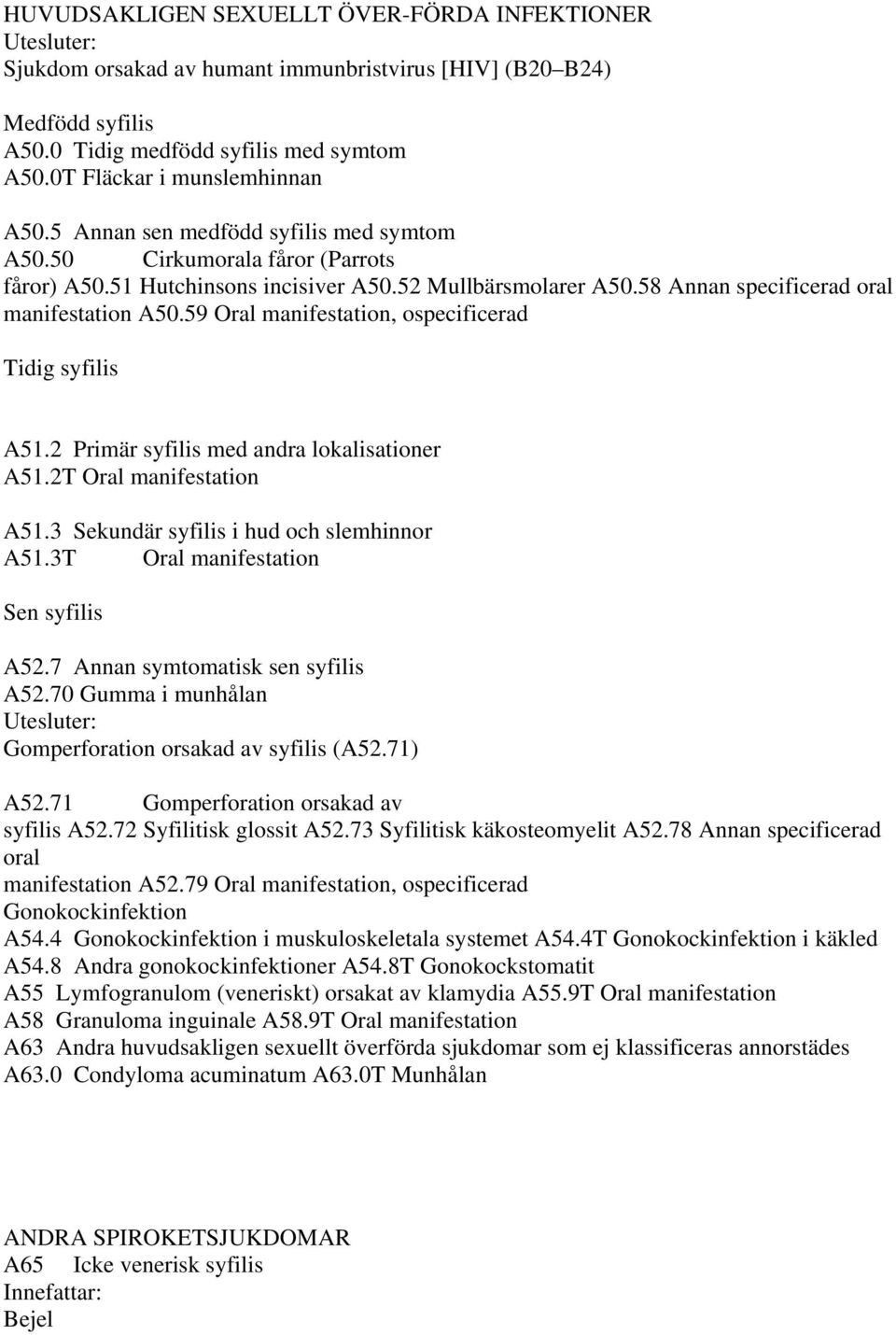 59 Oral manifestation, ospecificerad Tidig syfilis A51.2 Primär syfilis med andra lokalisationer A51.2T Oral manifestation A51.3 Sekundär syfilis i hud och slemhinnor A51.