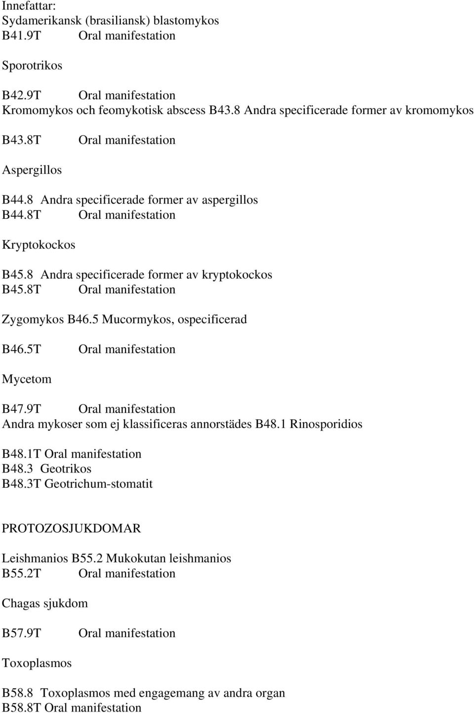 8T Oral manifestation Zygomykos B46.5 Mucormykos, ospecificerad B46.5T Oral manifestation Mycetom B47.9T Oral manifestation Andra mykoser som ej klassificeras annorstädes B48.1 Rinosporidios B48.