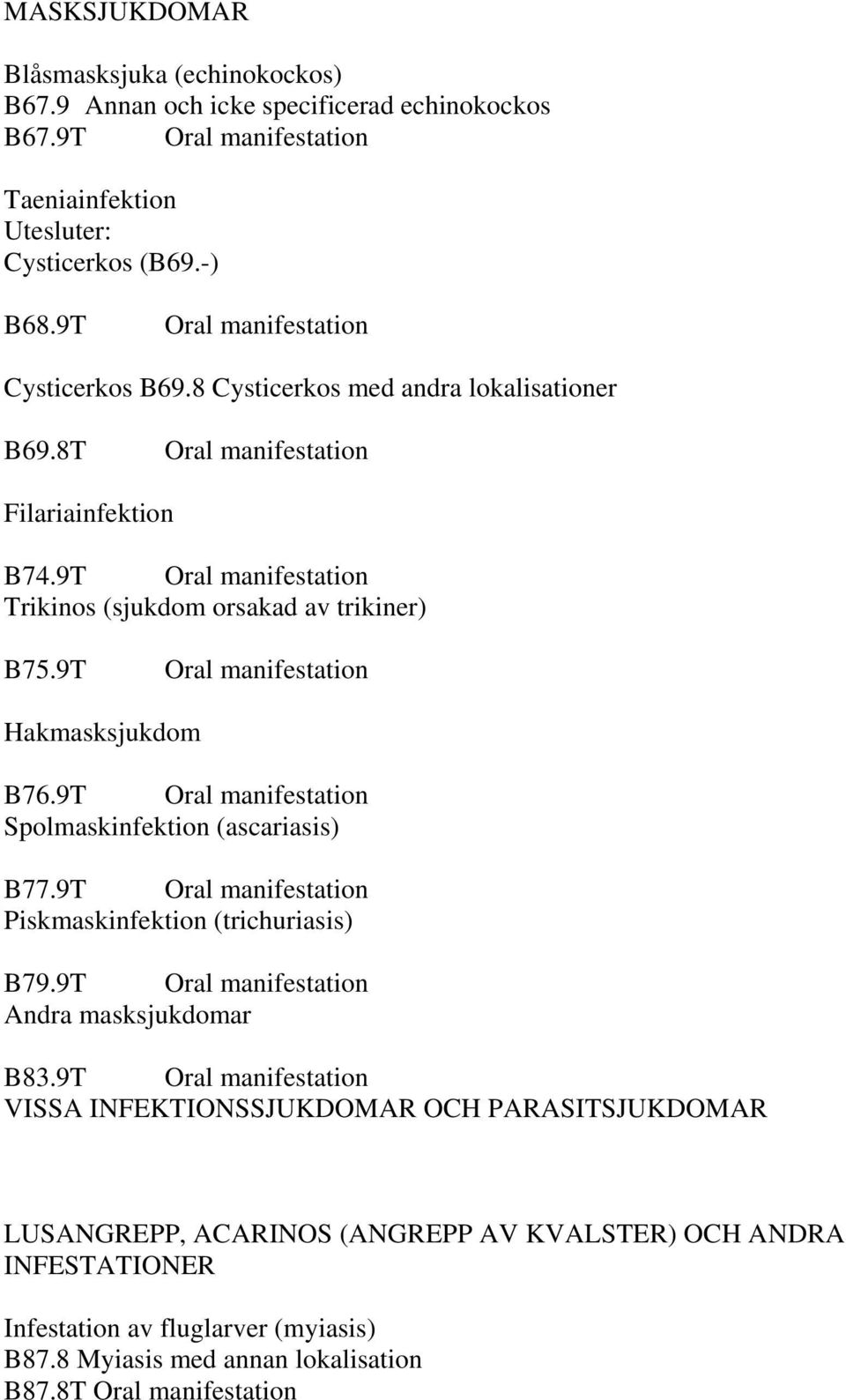 9T Oral manifestation Spolmaskinfektion (ascariasis) B77.9T Oral manifestation Piskmaskinfektion (trichuriasis) B79.9T Oral manifestation Andra masksjukdomar B83.