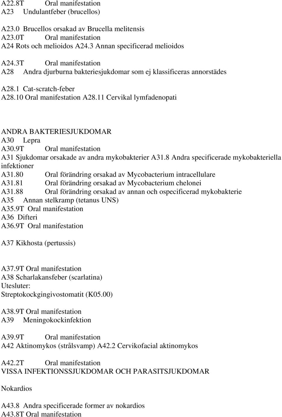 11 Cervikal lymfadenopati ANDRA BAKTERIESJUKDOMAR A30 Lepra A30.9T Oral manifestation A31 Sjukdomar orsakade av andra mykobakterier A31.8 Andra specificerade mykobakteriella infektioner A31.
