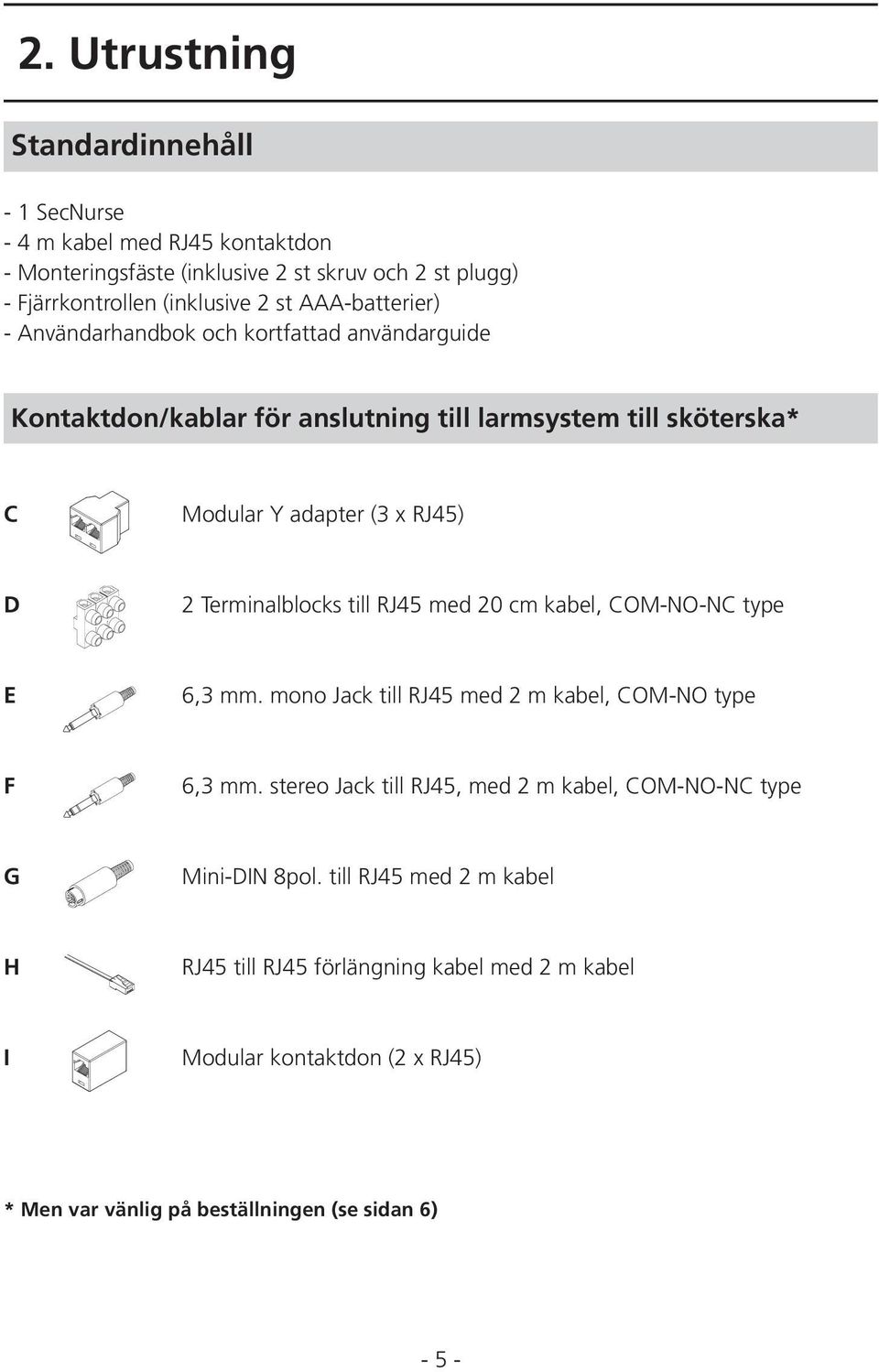 Terminalblocks till RJ45 med 20 cm kabel, COM-NO-NC type E 6,3 mm. mono Jack till RJ45 med 2 m kabel, COM-NO type F 6,3 mm.