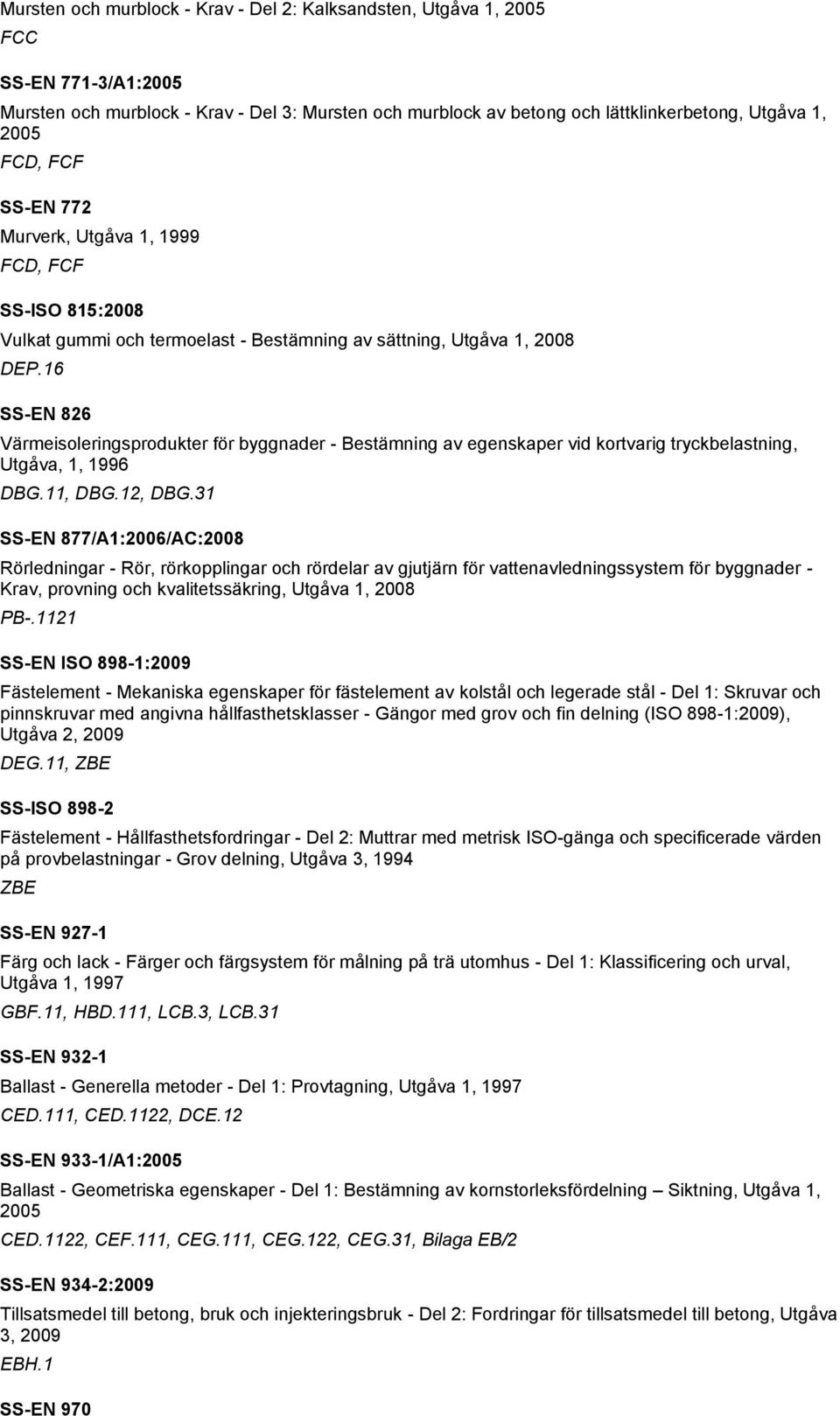 16 SS-EN 826 Värmeisoleringsprodukter för byggnader - Bestämning av egenskaper vid kortvarig tryckbelastning, Utgåva, 1, 1996 DBG.11, DBG.12, DBG.