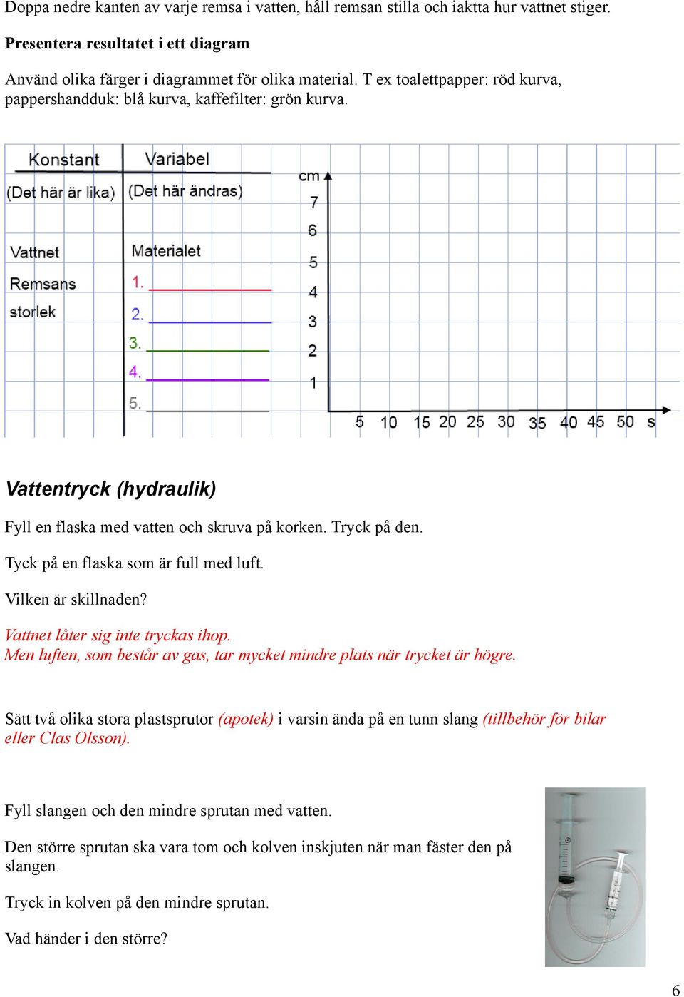 Tyck på en flaska som är full med luft. Vilken är skillnaden? Vattnet låter sig inte tryckas ihop. Men luften, som består av gas, tar mycket mindre plats när trycket är högre.