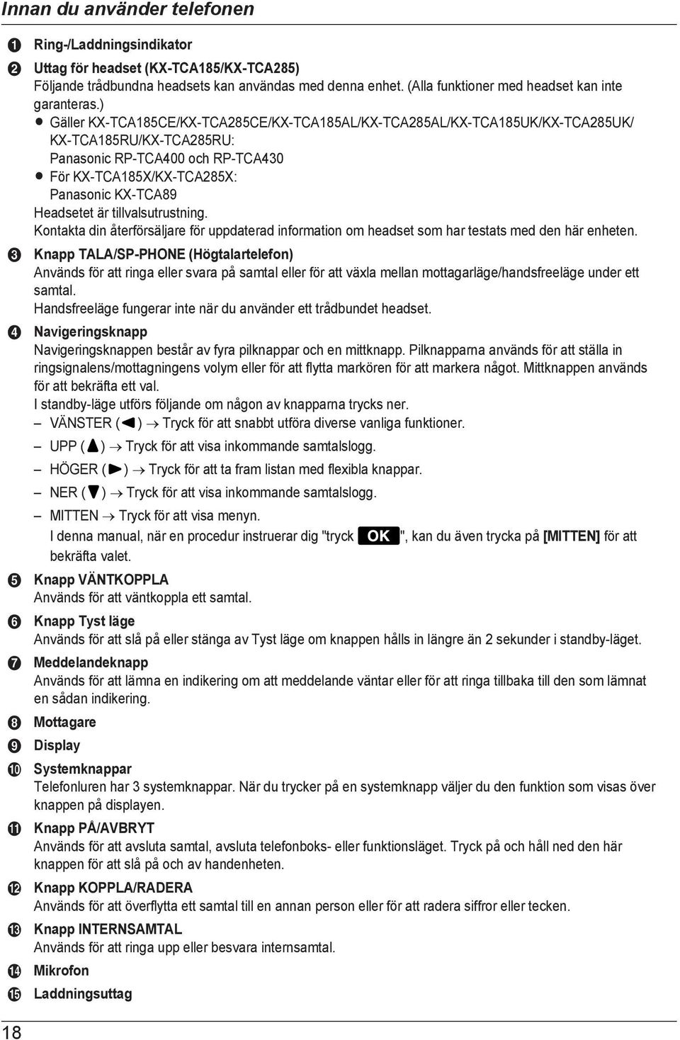 ) R Gäller KX-TCA185CE/KX-TCA285CE/KX-TCA185AL/KX-TCA285AL/KX-TCA185UK/KX-TCA285UK/ KX-TCA185RU/KX-TCA285RU: Panasonic RP-TCA400 och RP-TCA430 R För KX-TCA185X/KX-TCA285X: Panasonic KX-TCA89