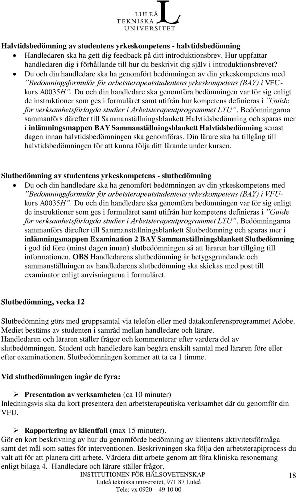 Du och din handledare ska ha genomfört bedömningen av din yrkeskompetens med Bedömningsformulär för arbetsterapeutstudentens yrkeskompetens (BAY) i VFUkurs A0035H.