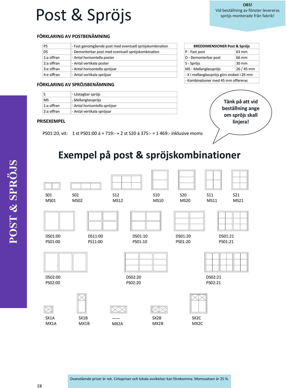 horisontella poster - Antal vertikala poster - Antal horisontella spröjsar - Antal vertikala spröjsar FÖRKLARING AV SPRÖJSBENÄMNING BREDDIMENSIONER Post & Spröjs P - Fast post 63 mm D - Demonterbar