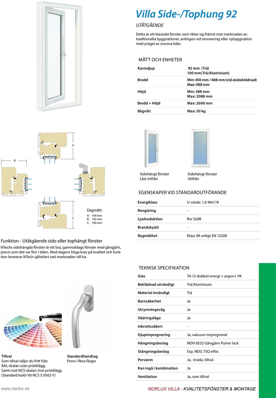 Karmdjup 92 mm () 100 mm () Min: 450 mm / 488 mm (vid alubeklädnad) Max: 988 mm Min: 388 mm Max: 2088 mm Max: 2600 mm Max: 50 kg A B Sidohängt fönster Låst inifrån Sidohängt fönster C Dagmått: A: 104