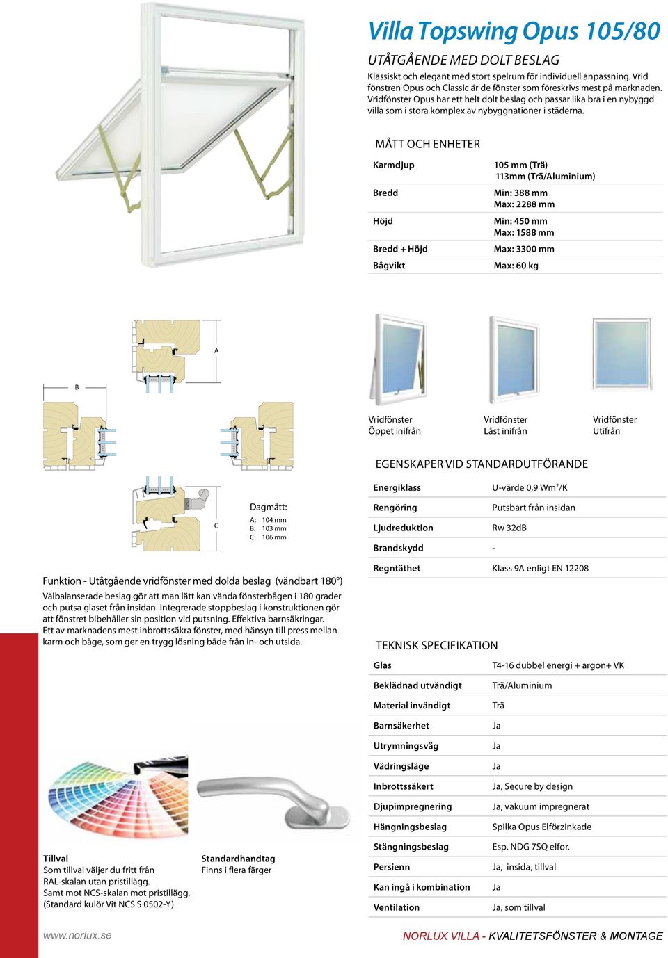 Karmdjup 105 mm () 113mm () Min: 388 mm Max: 2288 mm Min: 450 mm Max: 1588 mm Max: 3300 mm Max: 60 kg A B Vridfönster Öppet inifrån Vridfönster Låst inifrån Vridfönster C Dagmått: A: 104 mm B: 103 mm