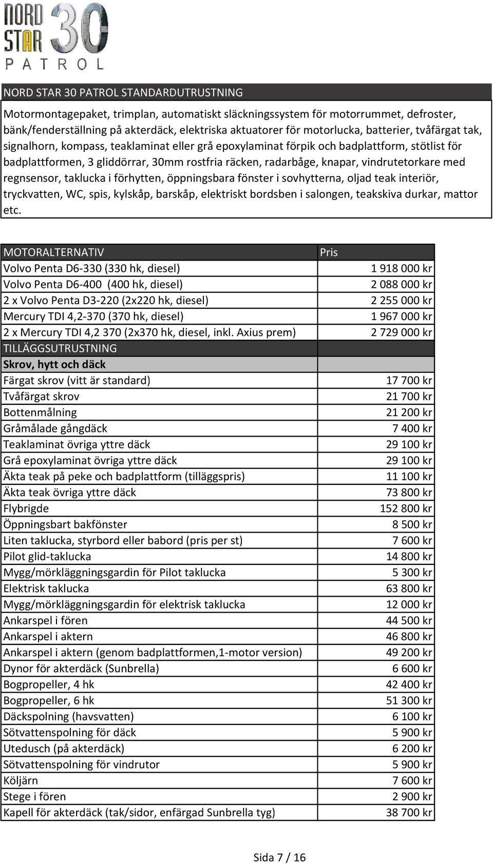 vindrutetorkare med regnsensor, taklucka i förhytten, öppningsbara fönster i sovhytterna, oljad teak interiör, tryckvatten, WC, spis, kylskåp, barskåp, elektriskt bordsben i salongen, teakskiva