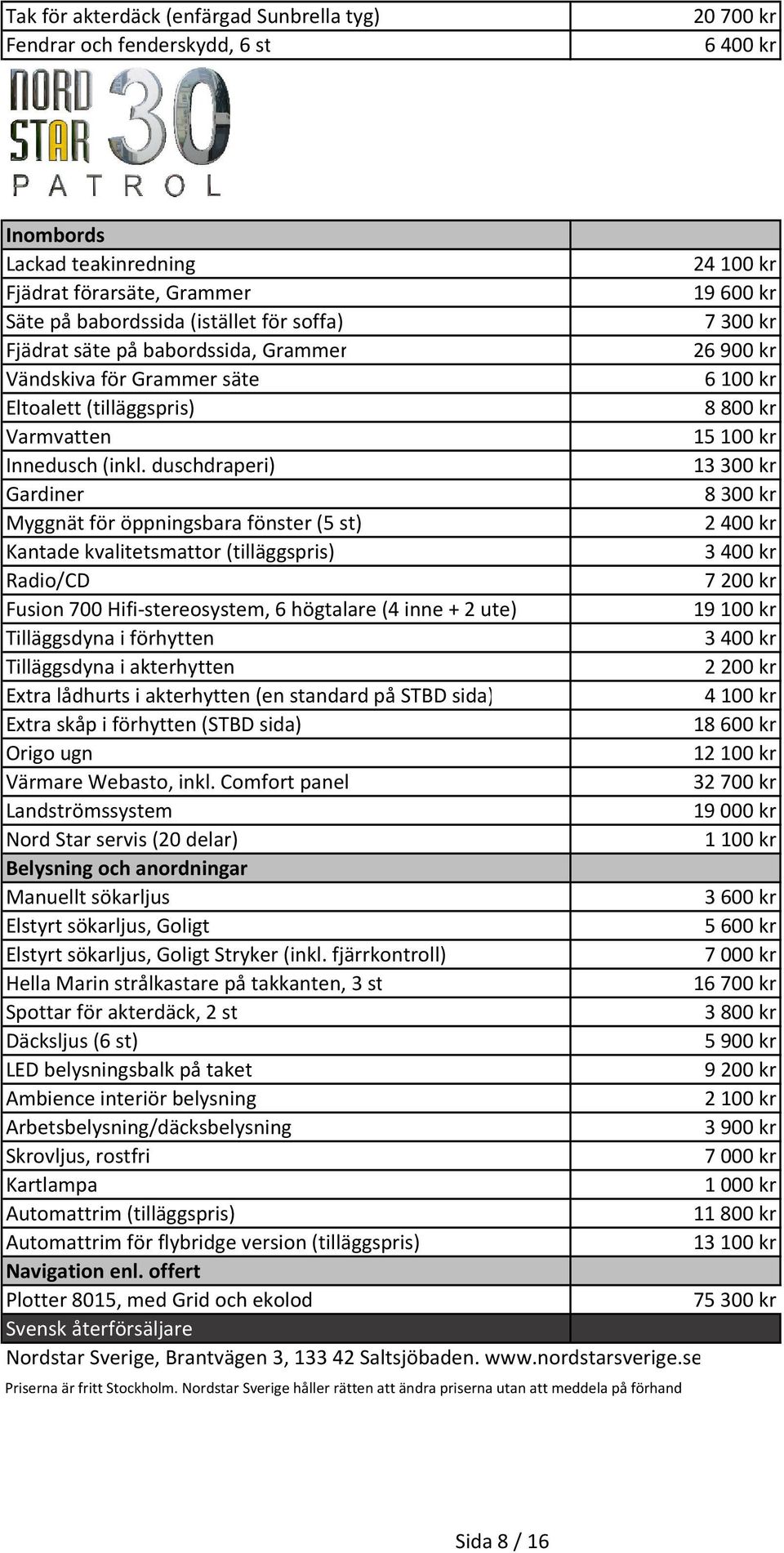 duschdraperi) 13300 kr Gardiner 8300 kr Myggnät för öppningsbara fönster (5 st) 2400 kr Kantade kvalitetsmattor (tilläggspris) 3400 kr Radio/CD 7200 kr Fusion 700 Hifi-stereosystem, 6 högtalare (4