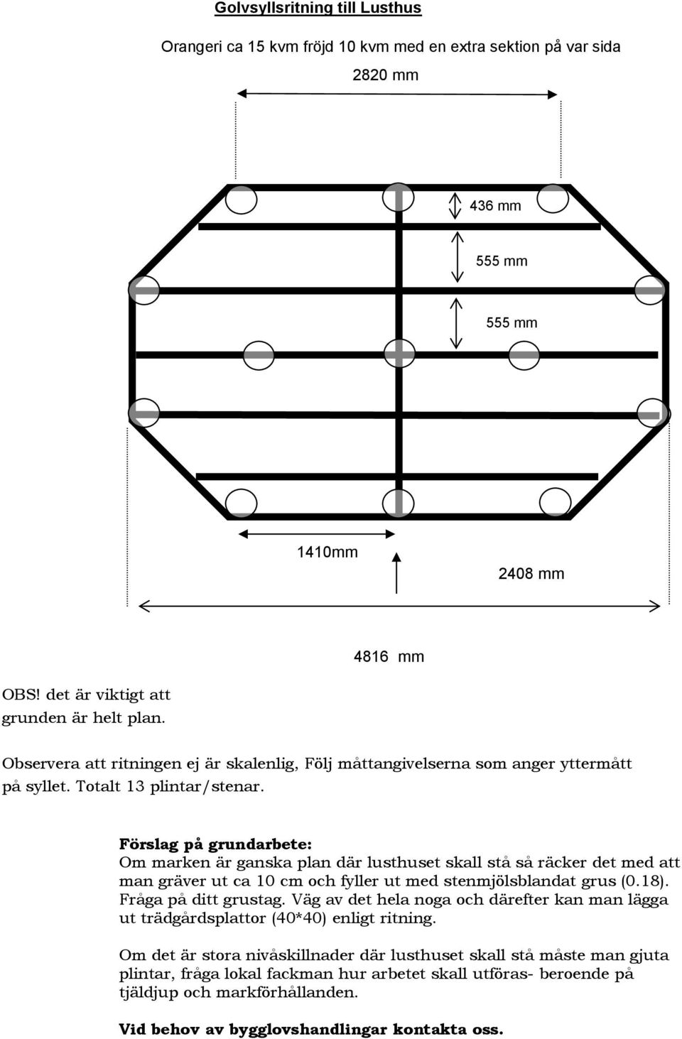 Förslag på grundarbete: Om marken är ganska plan där lusthuset skall stå så räcker det med att man gräver ut ca 10 cm och fyller ut med stenmjölsblandat grus (0.18). Fråga på ditt grustag.