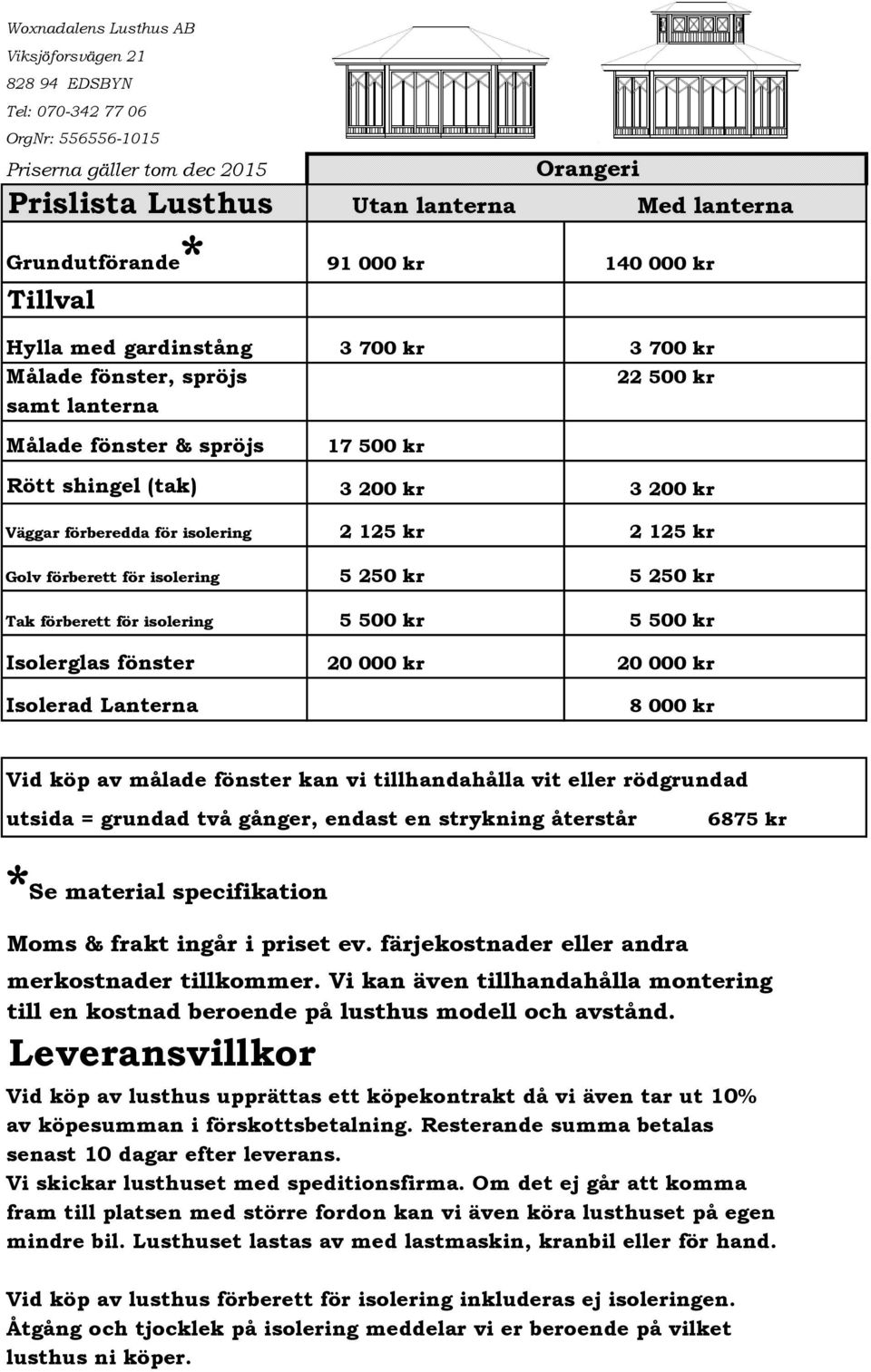 för isolering 2 125 kr 2 125 kr Golv förberett för isolering 5 250 kr 5 250 kr Tak förberett för isolering 5 500 kr 5 500 kr Isolerglas fönster 20 000 kr 20 000 kr Isolerad Lanterna 8 000 kr Vid köp