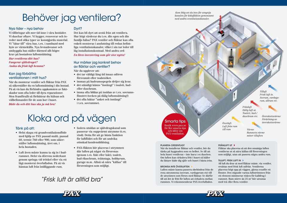 Fungerar självdraget? Andas du frisk luft hemma? Kan jag förbättra ventilationen i mitt hus? När du monterar ventiler och fläktar från PAX så säkerställer du en luftomsättning i din bostad.