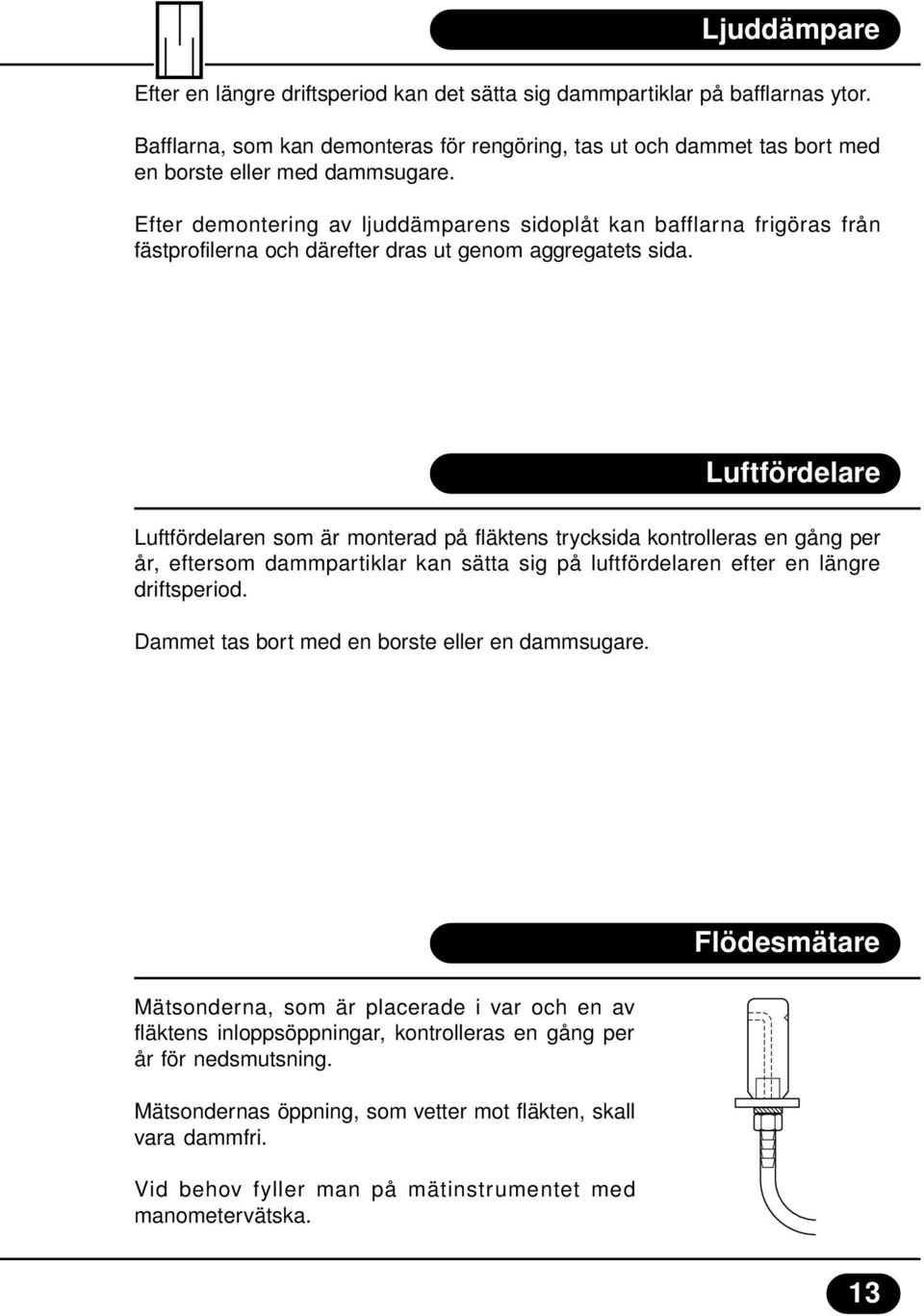 Luftfördelare Luftfördelaren som är monterad på fläktens trycksida kontrolleras en gång per år, eftersom dammpartiklar kan sätta sig på luftfördelaren efter en längre driftsperiod.