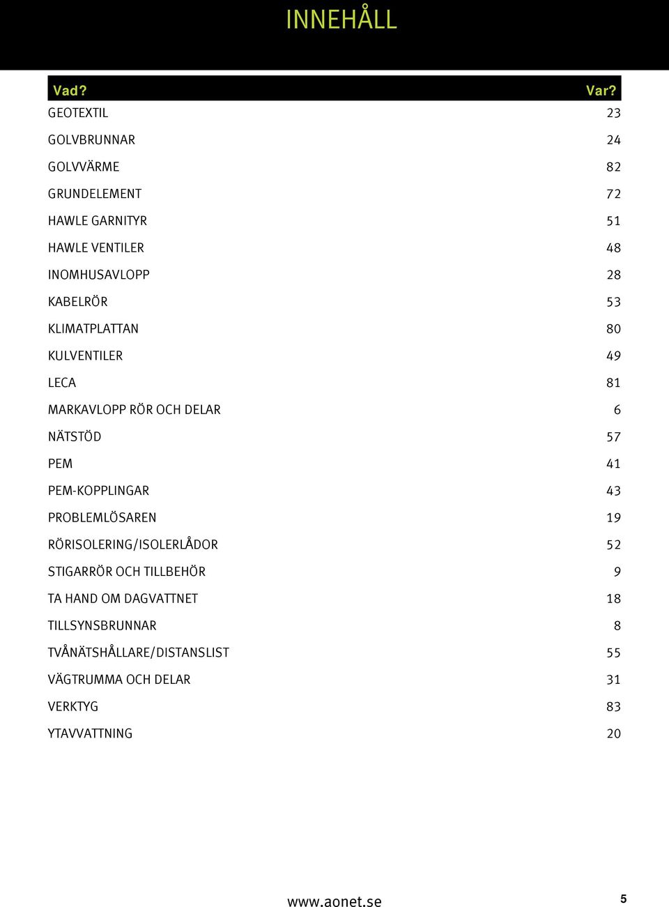 KABELRÖR 53 KLIMATPLATTAN 80 KULVENTILER 49 LECA 81 MARKAVLOPP RÖR OCH DELAR 6 NÄTSTÖD 57 PEM 41 PEM-KOPPLINGAR