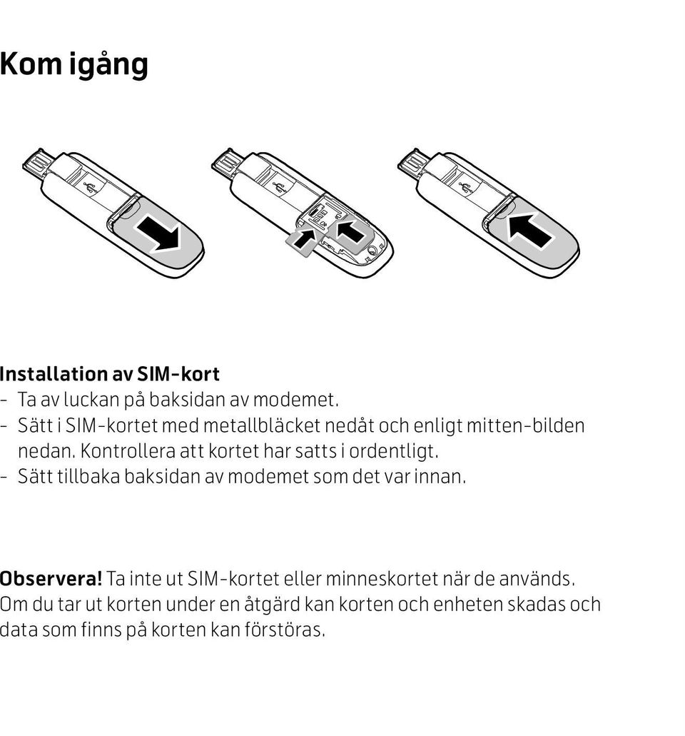 Kontrollera att kortet har satts i ordentligt. Sätt tillbaka baksidan av modemet som det var innan.