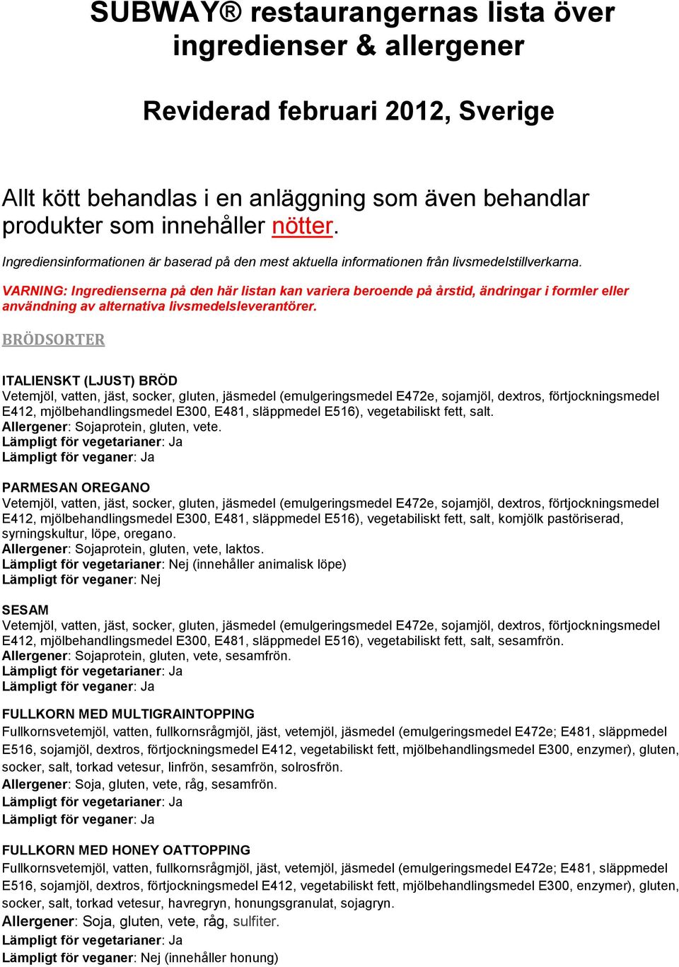 VARNING: Ingredienserna på den här listan kan variera beroende på årstid, ändringar i formler eller användning av alternativa livsmedelsleverantörer.