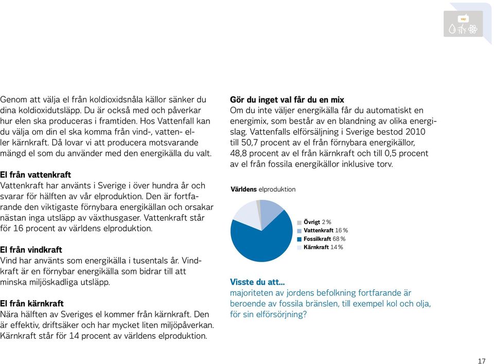 El från vattenkraft Vattenkraft har använts i Sverige i över hundra år och svarar för hälften av vår elproduktion.