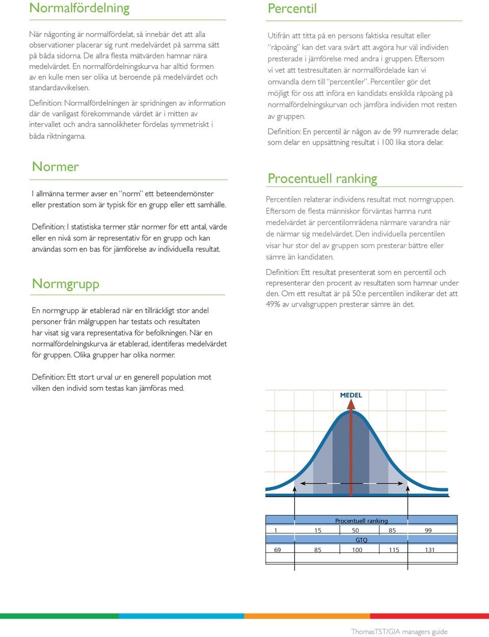 Definition: Normalfördelningen är spridningen av information där de vanligast förekommande värdet är i mitten av intervallet och andra sannolikheter fördelas symmetriskt i båda riktningarna.