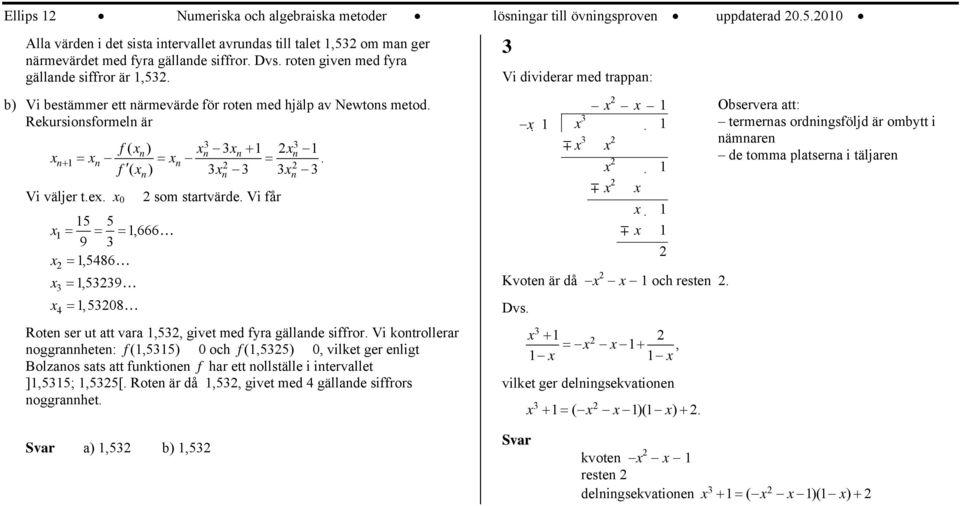 Vi får = = =,666 9 =,86 =,9 =,8 Roten ser ut att vara,, givet med fyra gällande siffror.